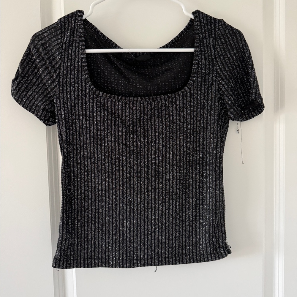 SHEIN Black Metallic Ribbed Square-Neck Short Sleeve Top